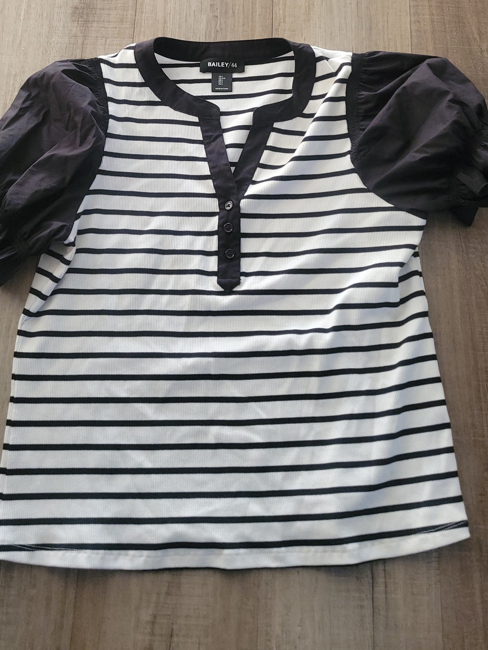 Bailey 44 Black & White Striped Puff Sleeve Henley Top